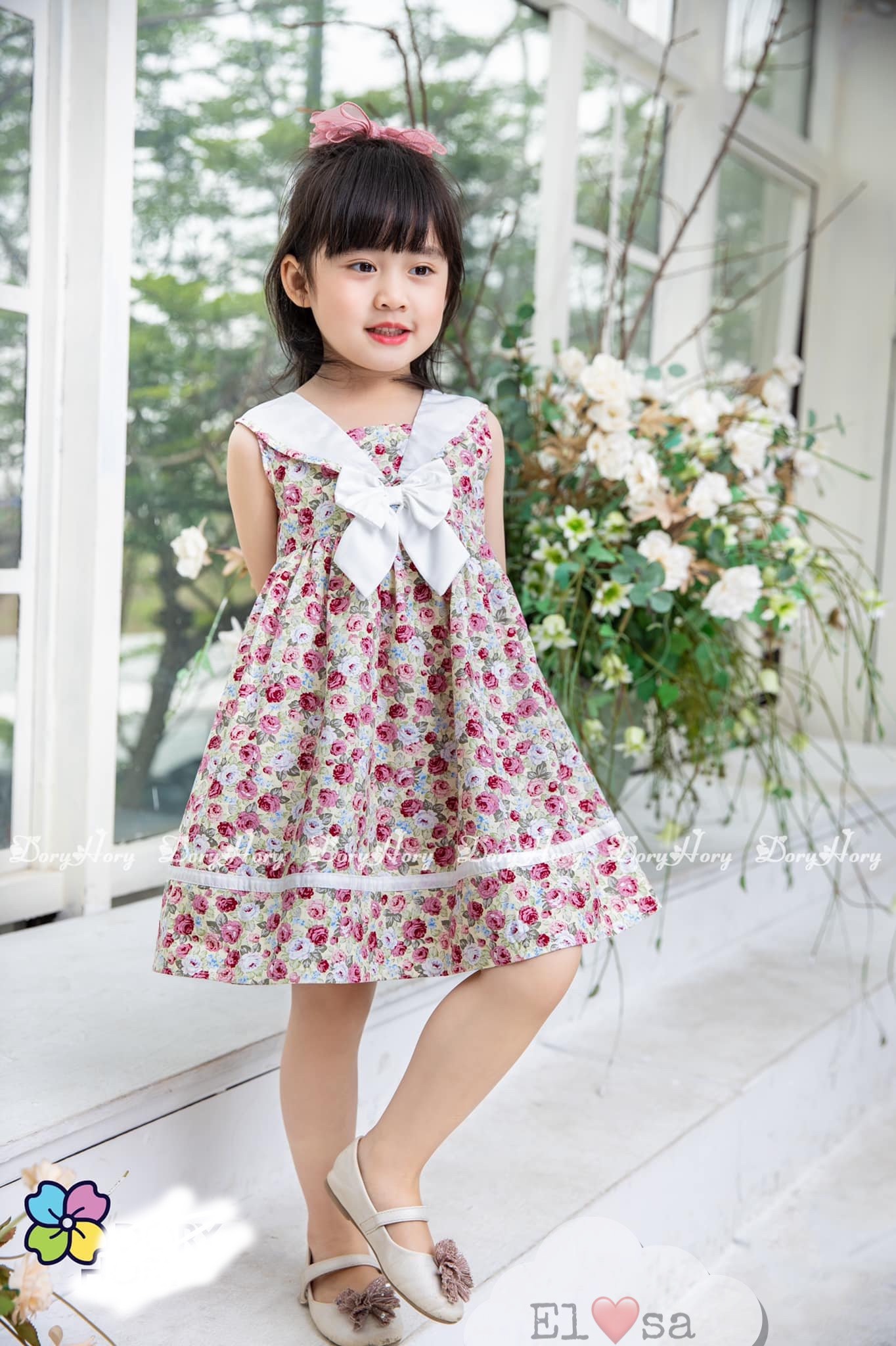 Váy hoa hồng cổ nơ v89