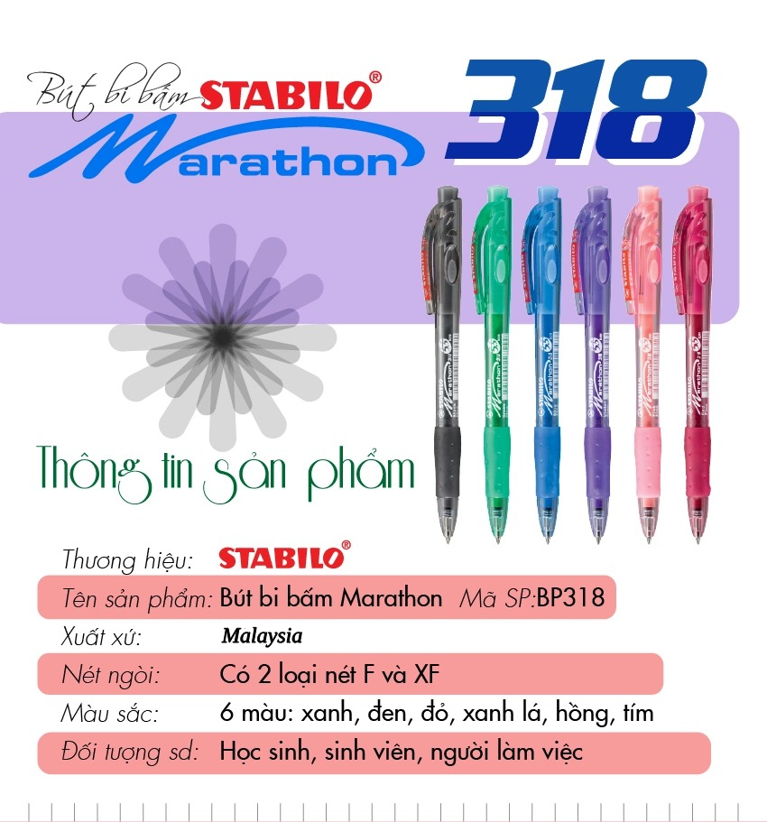 Bút bi STABILO Marathon BP318F (Xanh biển, Đen, Đỏ, Hồng, Xanh lá, Tím)
