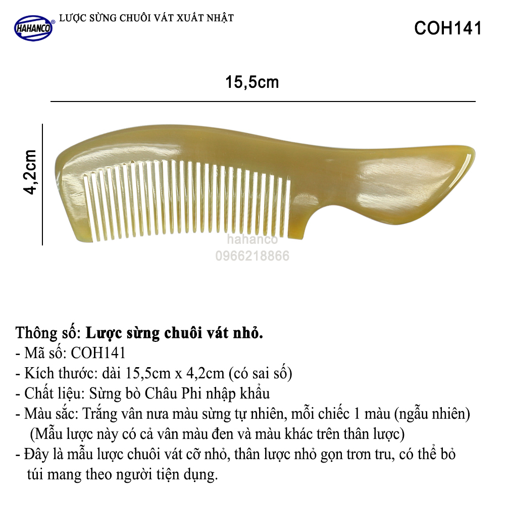 Lược sừng xuất Nhật - COH141 (Size: M - 15,5cm) Lược chuôi vát - Horn Comb of HAHANCO - Có lợi cho sức khỏe