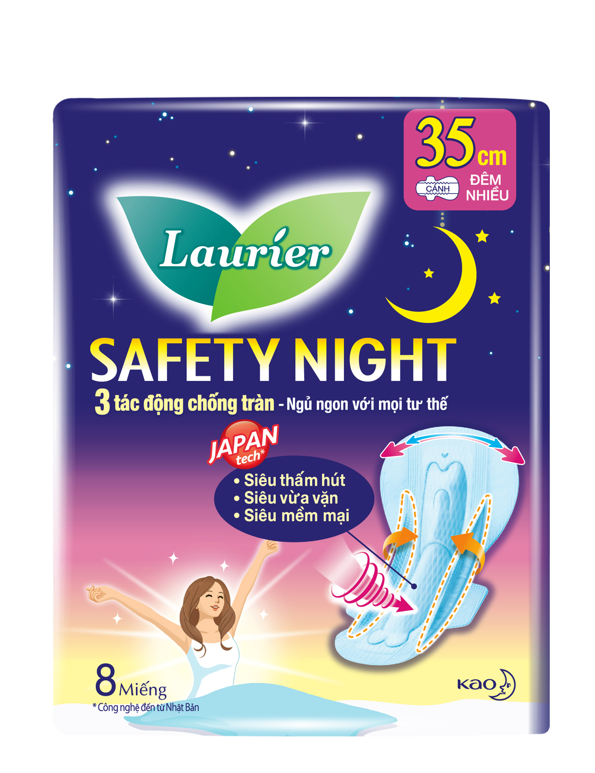 Combo 3 gói băng vệ sinh laurier safety night 35cm 8 miếng nhập khẩu indo