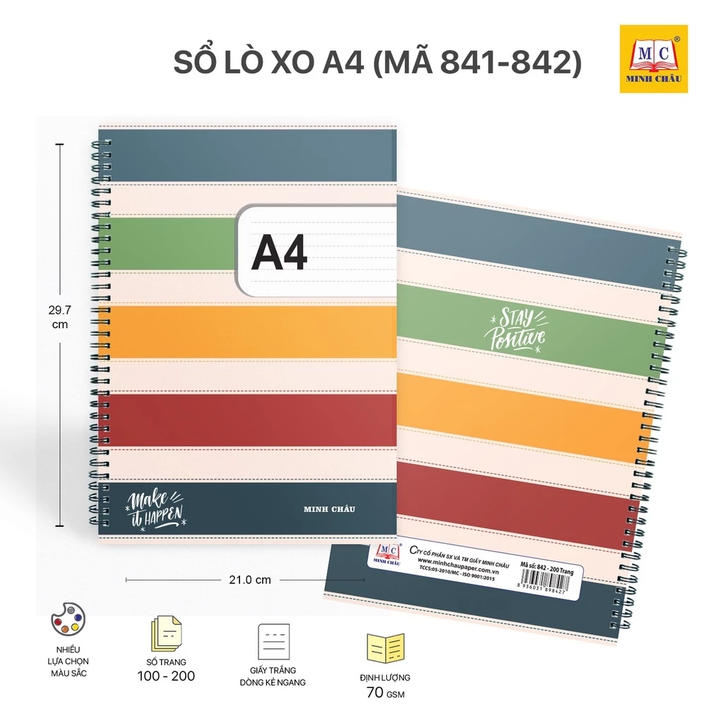 Sổ Lò Xo A4 Minh Châu - ĐL 70mgs Dòng kẻ ngang, giấy trắng mịn - MC841/842