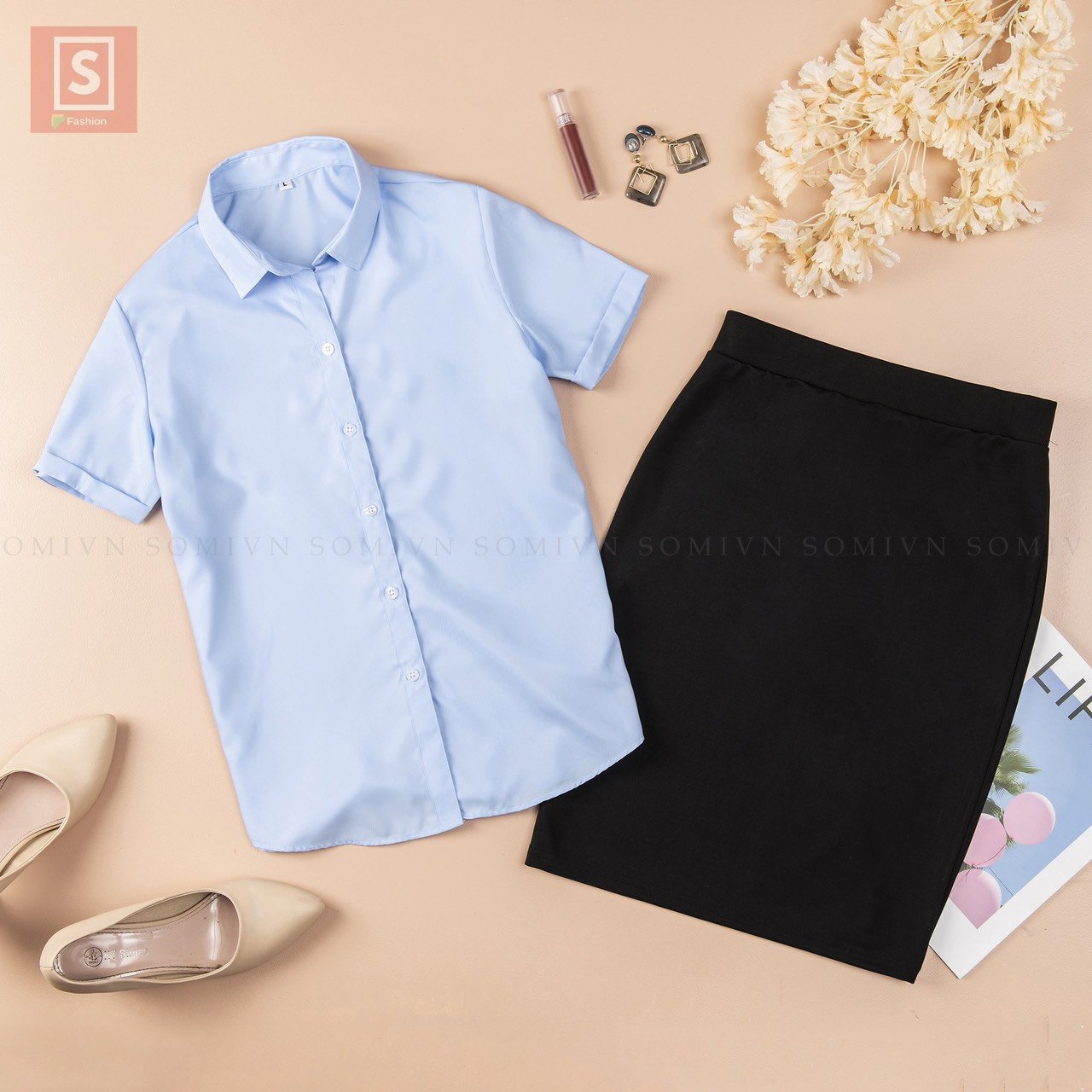 Áo Sơ Mi Nữ Ngắn Tay Công Sở Basic Xanh Nhạt