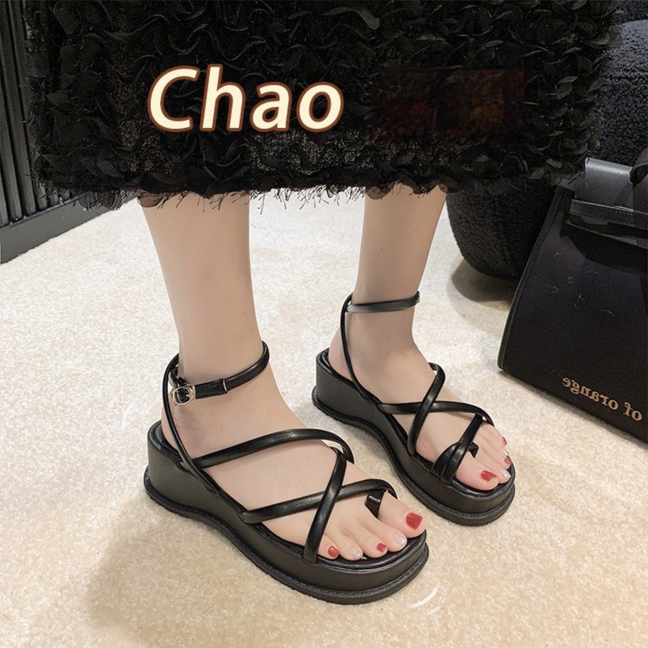giày sandal nữ,Dép quai hậu học sinh đi học dây xỏ ngón đế 5cm quai mảnh quấn 1 vòng chân