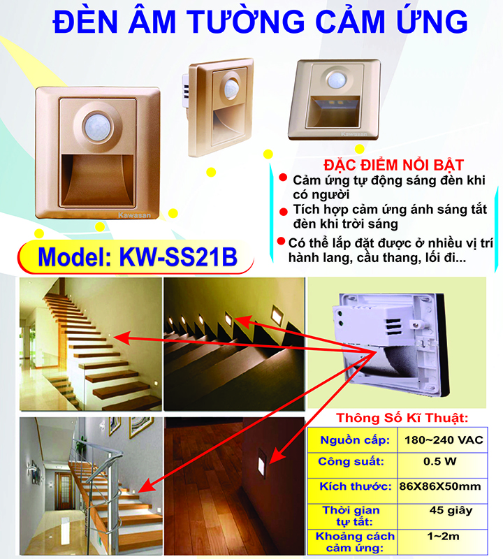 Đèn Led Cảm Ứng Âm Tường KW-SS21B .
