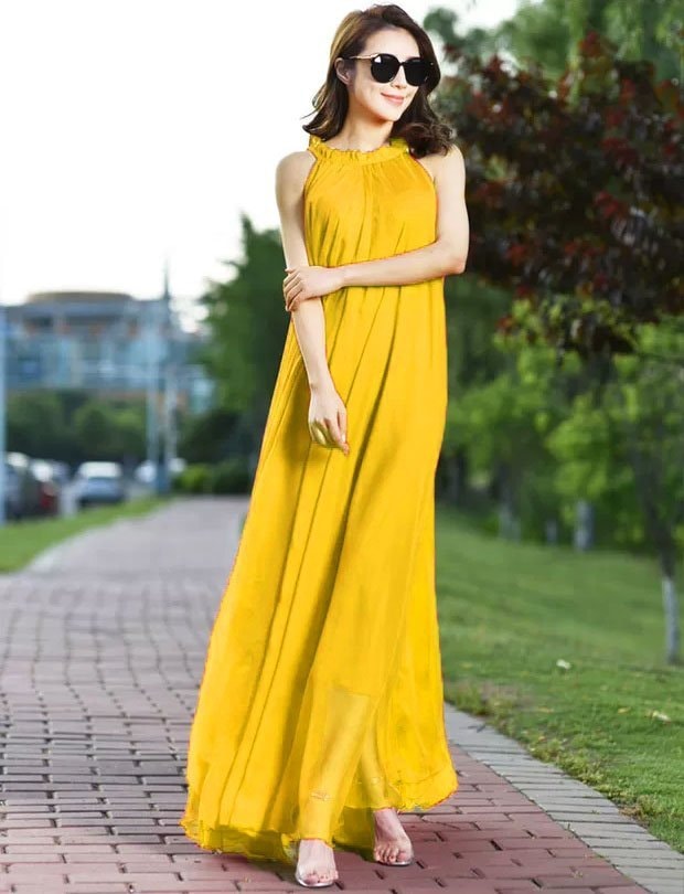 [Hcm]Maxi Dress with Birds Necklace with Tie Strap