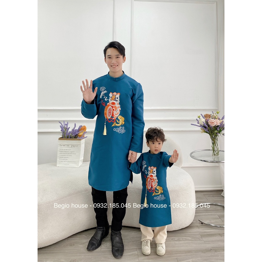 Áo Dài Cho Bố Và Bé Trai Thêu Lân