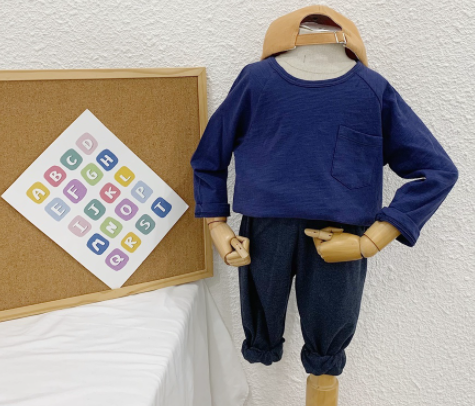 Áo phông dài tay cotton cho bé trai, bé gái trơn phối túi 6 màu basic
