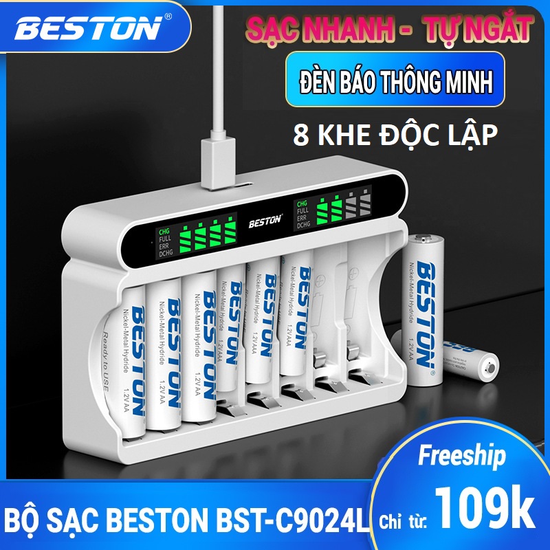 Bộ Sạc pin AA AAA Beston C9024L 8 khe, mẫu mới 2022 sạc nhanh
