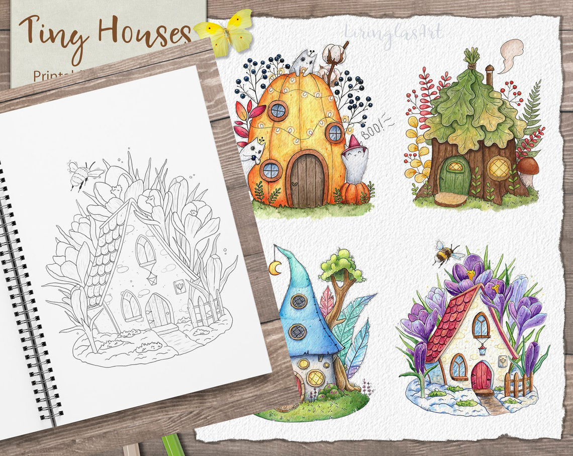 line art tranh tô màu " ngôi nhà nhỏ" combo 10 tranh giấy dầy đẹp