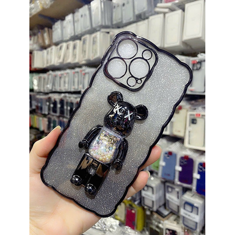 Ốp Mây Nhũ kim tuyến Gấu Bear Bricl kiêm giá đỡ Iphone 14pro/ ip14pro max