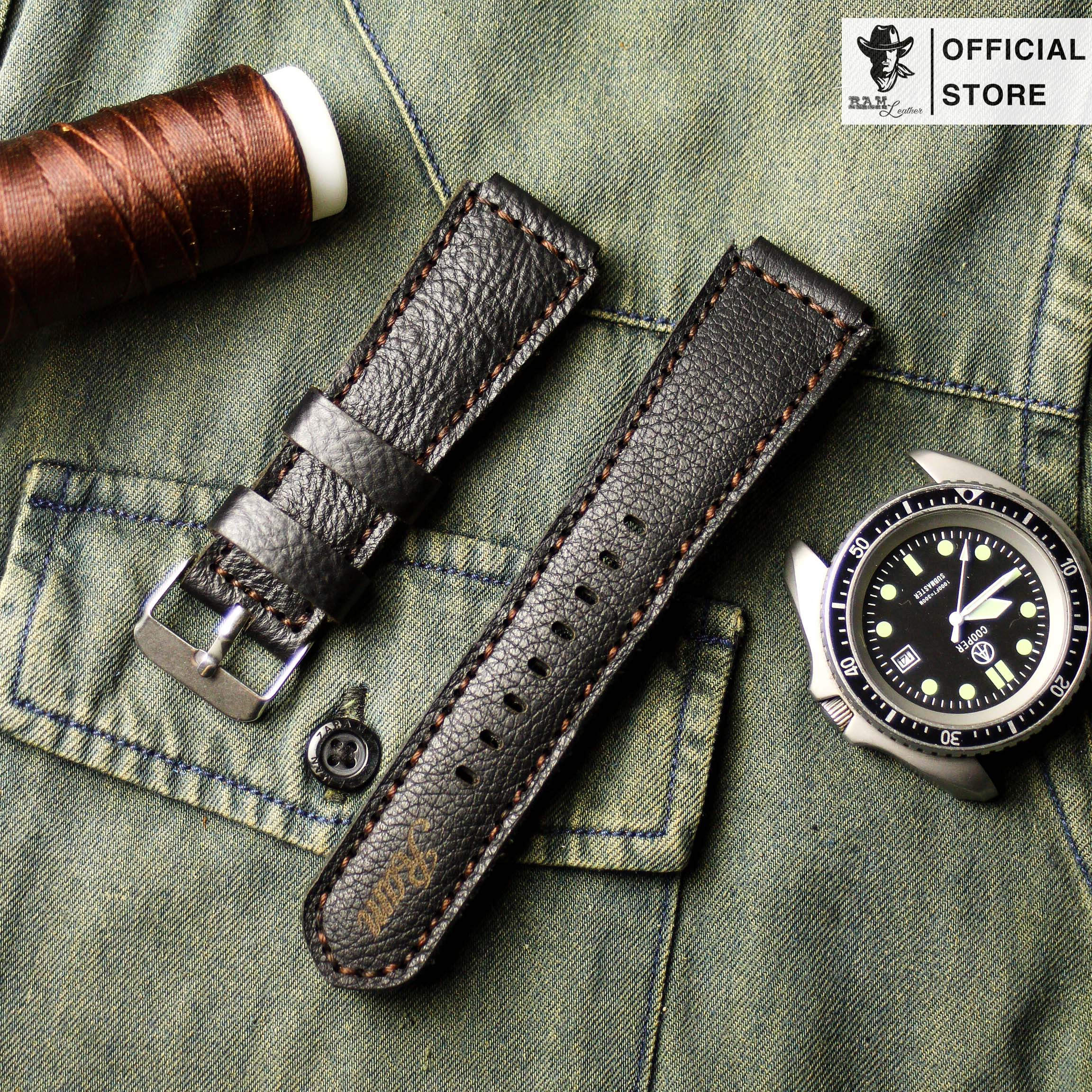 Dây da đồng hồ Siêu bền Da Dê Đen Bản Bền Đẹp RAM Leather Classic 1955 Chính Hãng RAM Leather