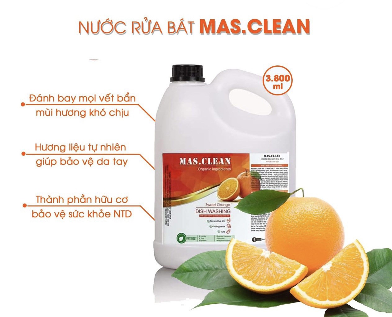 Nước rửa chén bát hữu cơ MasClean 3.8l/rửa ly/rửa bình sữa