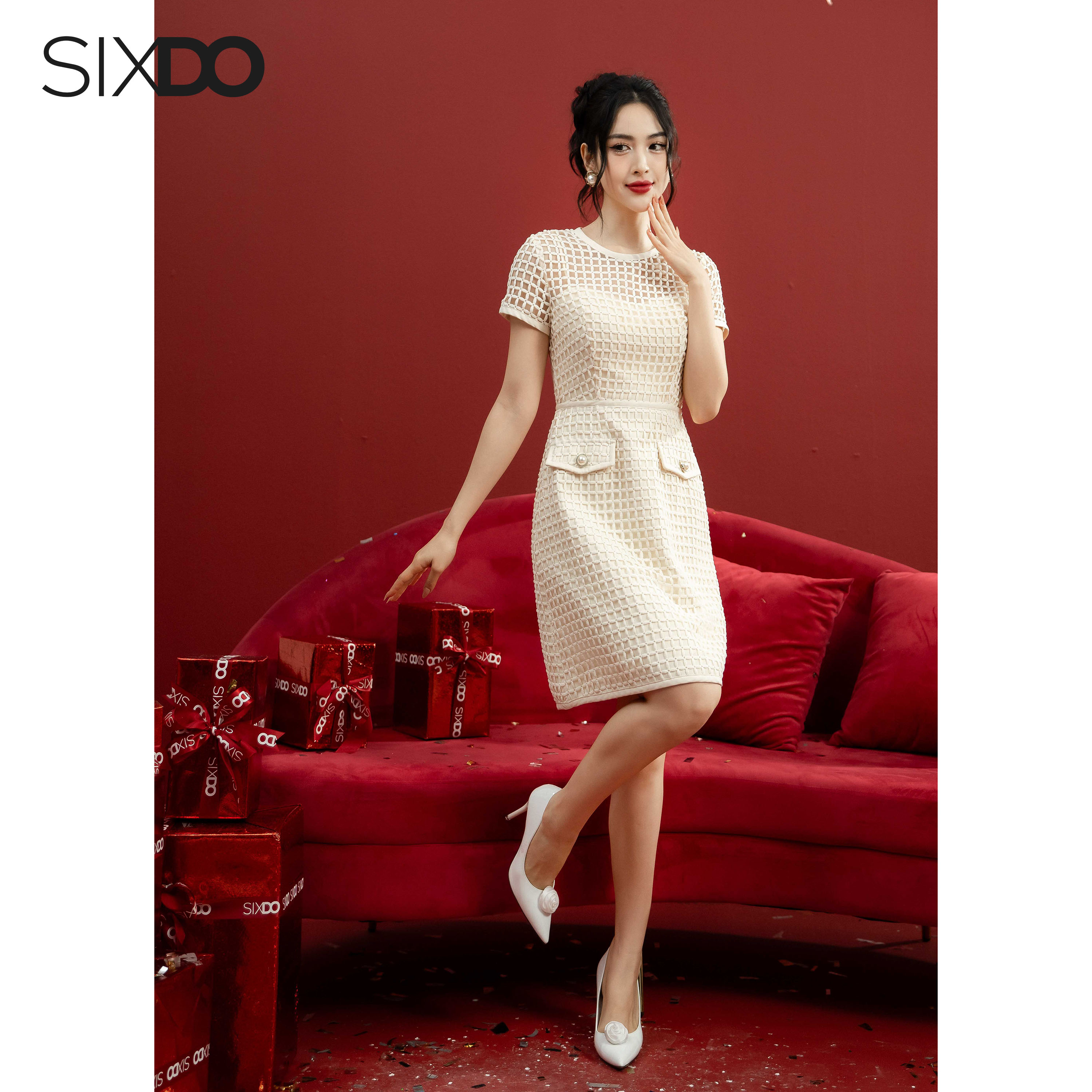 Đầm be ren lưới ngắn tay SIXDO (Dark Beige Short Sleeves Mini Lace Dress 1)
