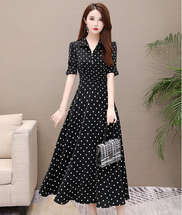 Đầm xòe chấm bi tay lỡ cổ sơ mi cao cấp . qc265786
