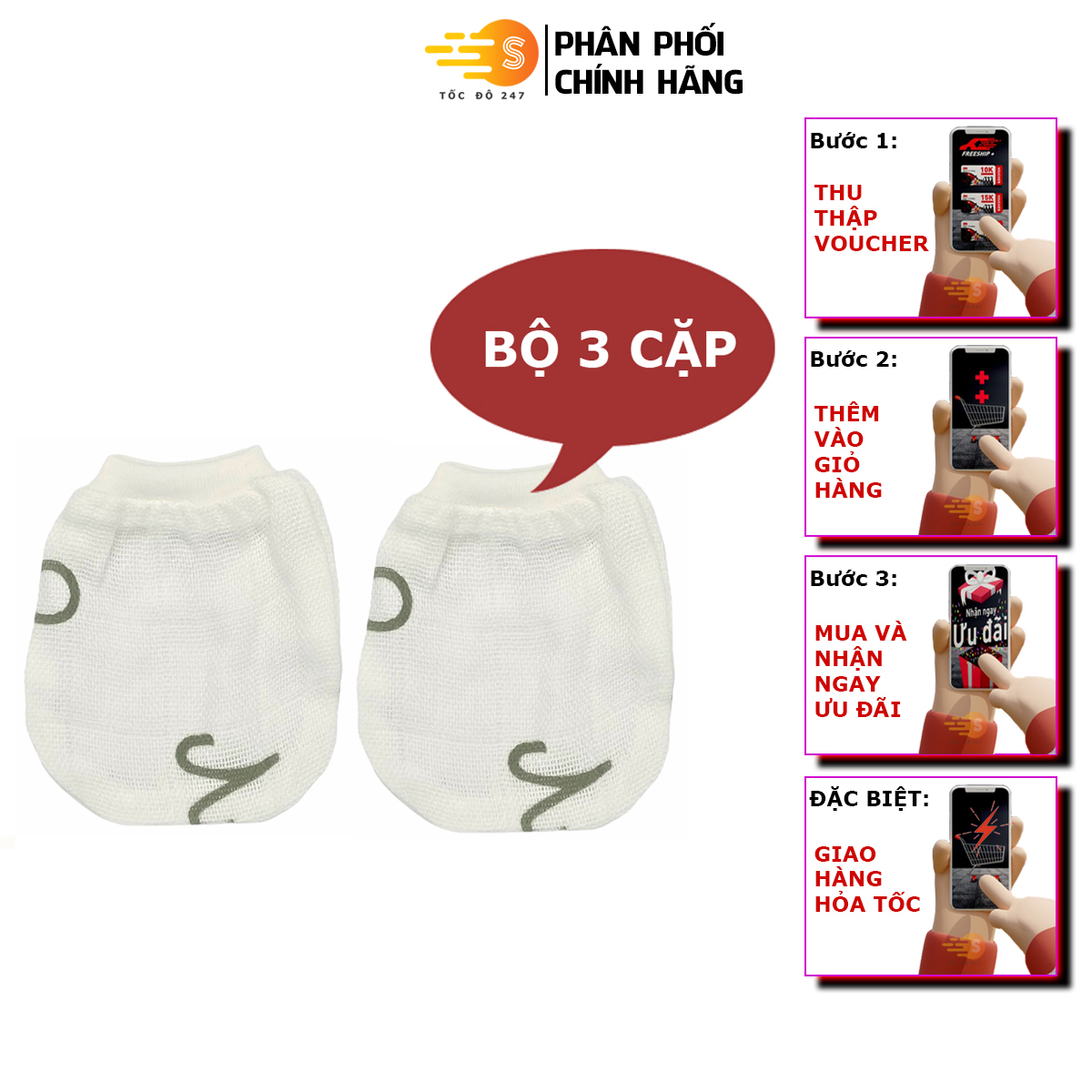 Bộ 3 cặp bao tay giữ ấm vải sợi tre cho bé mềm mại Mamaru MA-BT01