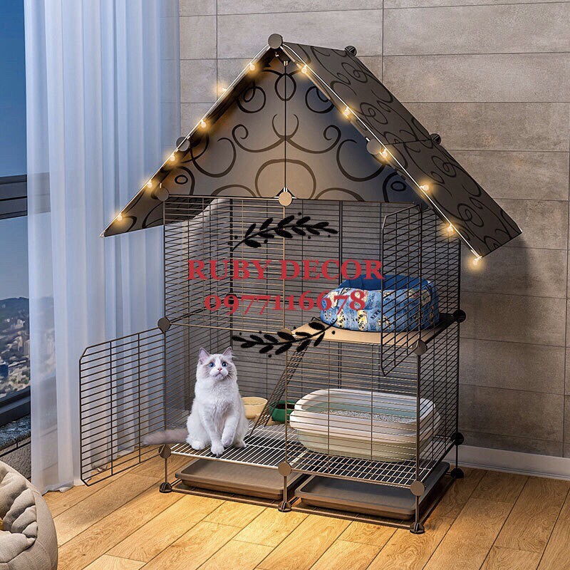 LồNg MèO- Chuồng Mèo- 2 Tầng LắP GhéP ChấT LiệU LướI SắT Phun Sơn TĩNh ĐiệN ( Có Kèm Chân Đế Khay Vệ Sinh)