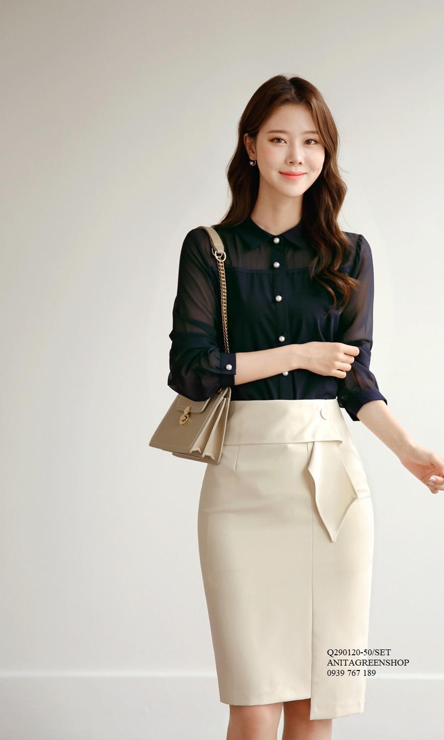 Q290120 set áo phối chân váy công sở