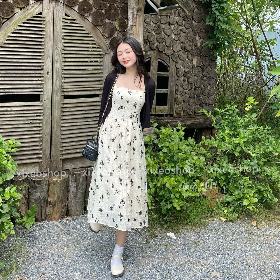 Set váy 2 dây hoa nhí kèm áo khoác cardigan croptop Đầm 2 dây vintage dáng dài style hàn quốc ANASHOP9X