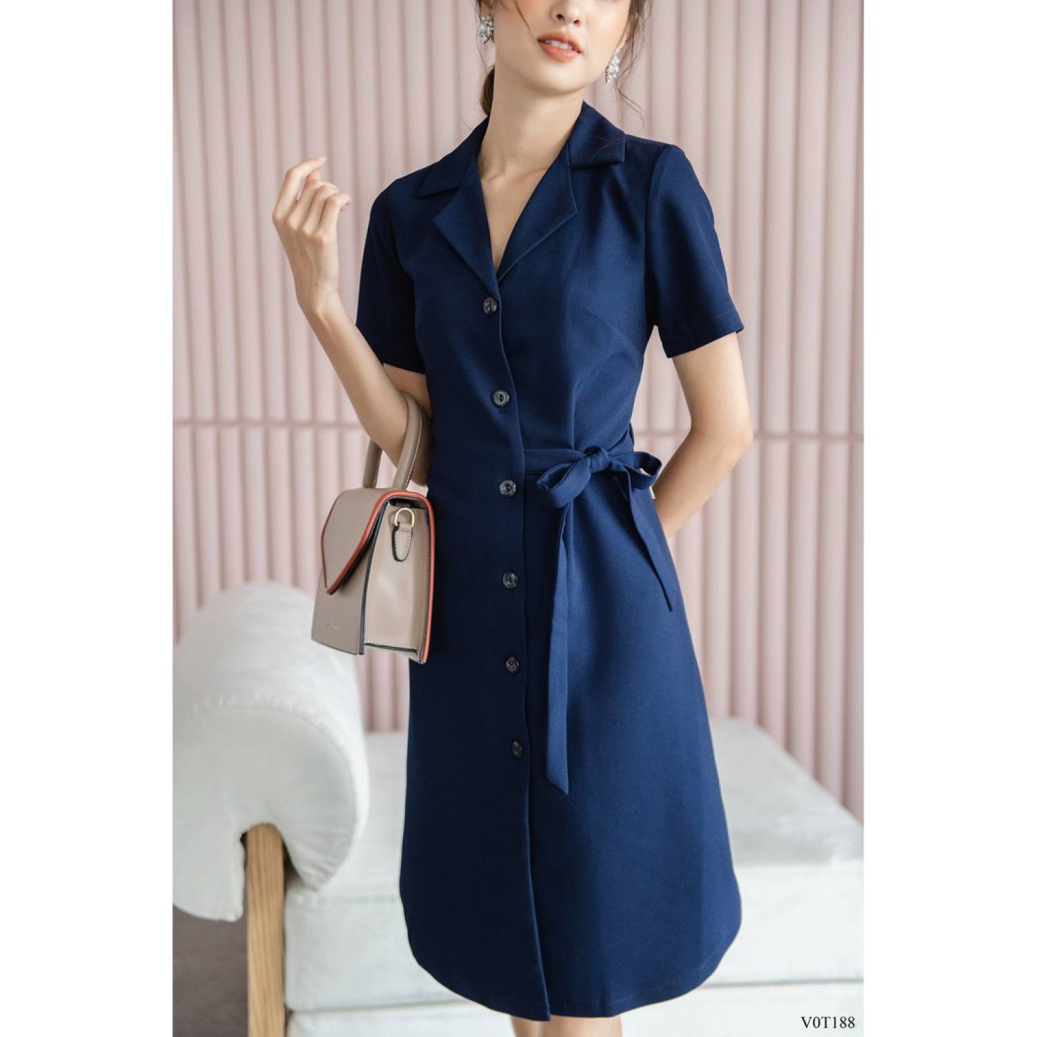 Váy suông nơ eo cổ vest TIIN STORE VHN188