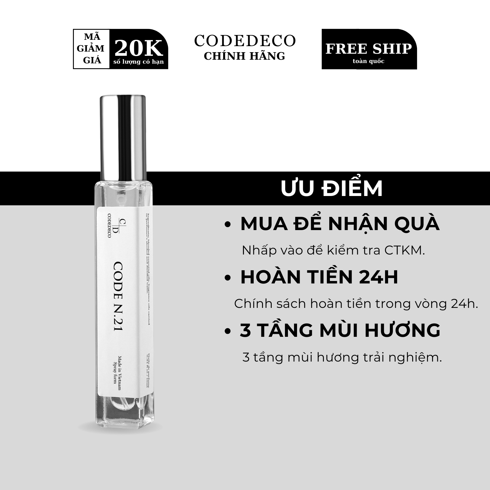 Tinh dầu nước hoa CODEDECO Code N.21 10ml, phóng khoáng, nam tính, cuốn hút