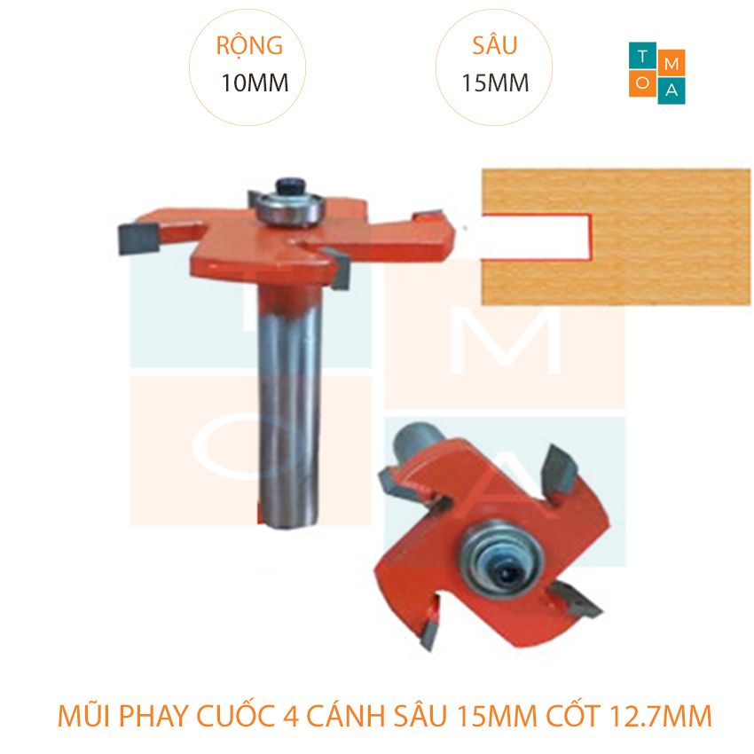 Mũi soi gỗ - mũi cuốc gỗ 4 cánh rộng 10mm sâu 15 mm - mũi phay rãnh đầu bi