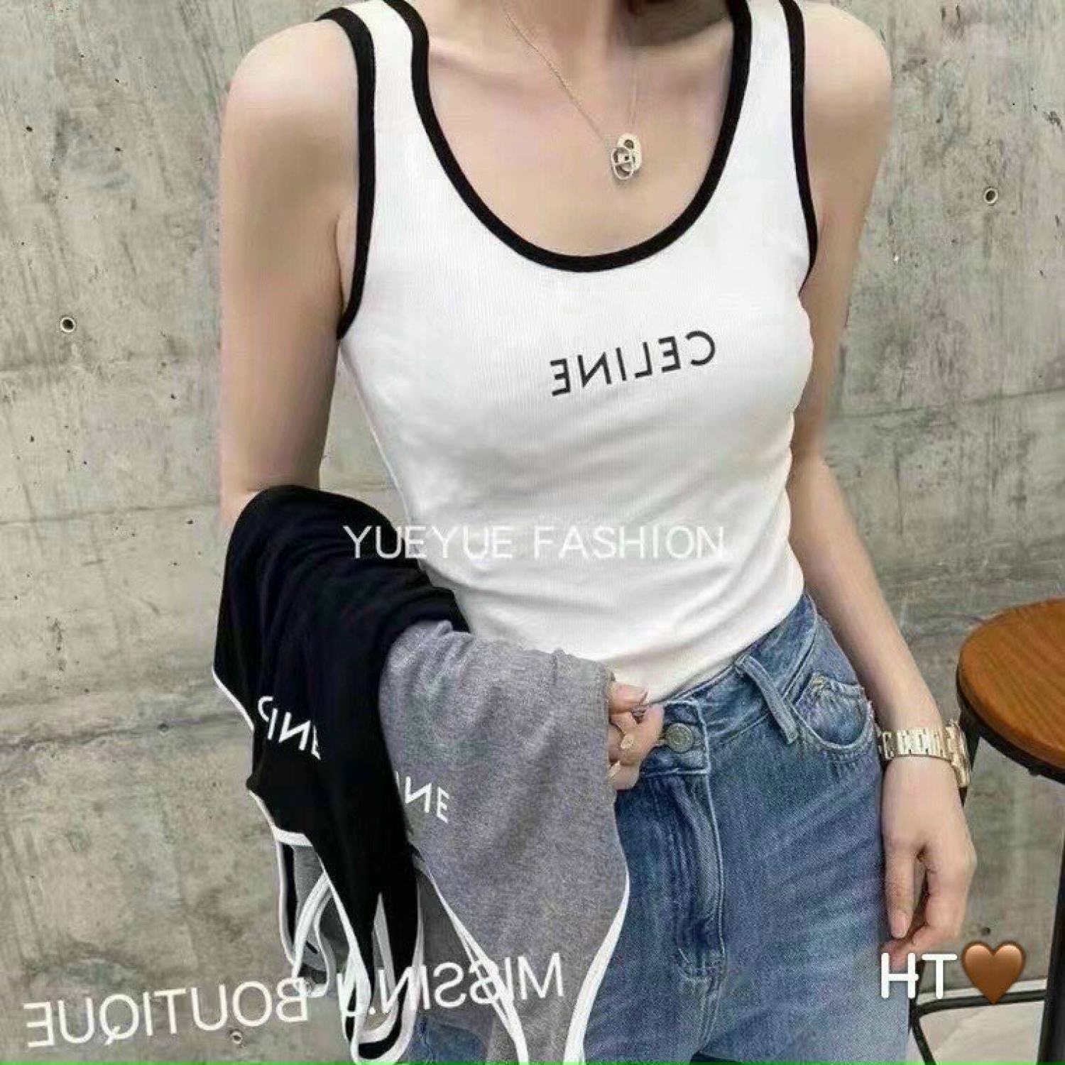 Áo thun ba lỗ viền đen chữ Ce line