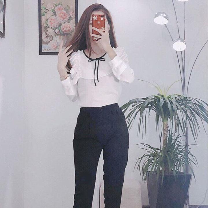 Áo Sơ Mi Vai Bèo Cổ Phối Nơ