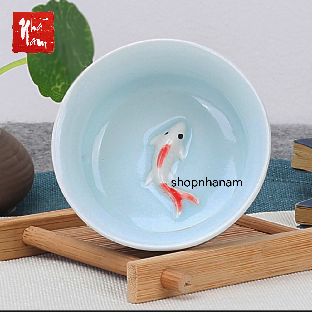 Chén gốm sứ cá chép 3d men ngọc