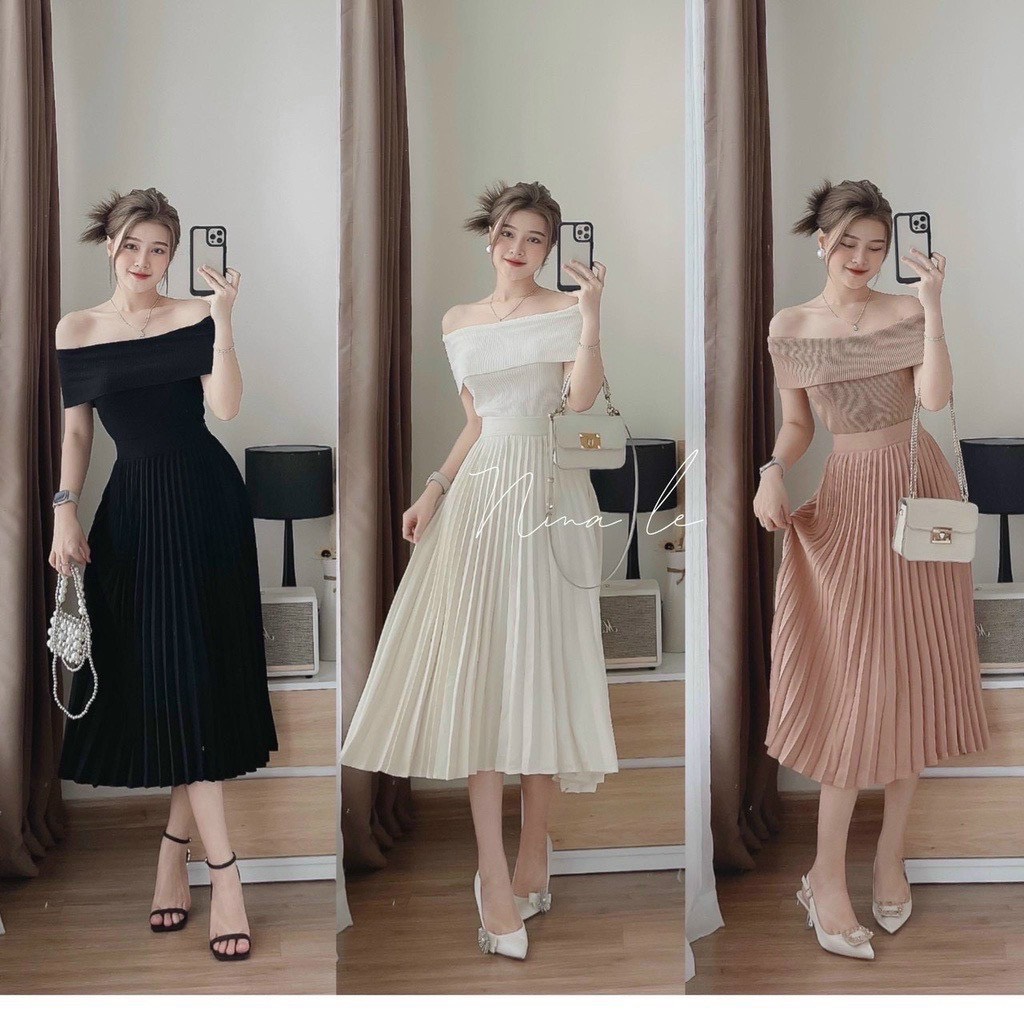 Sét bộ áo bẹt vai phối chân váy xếp ly dáng dài cực xinh , áo gân váy voan