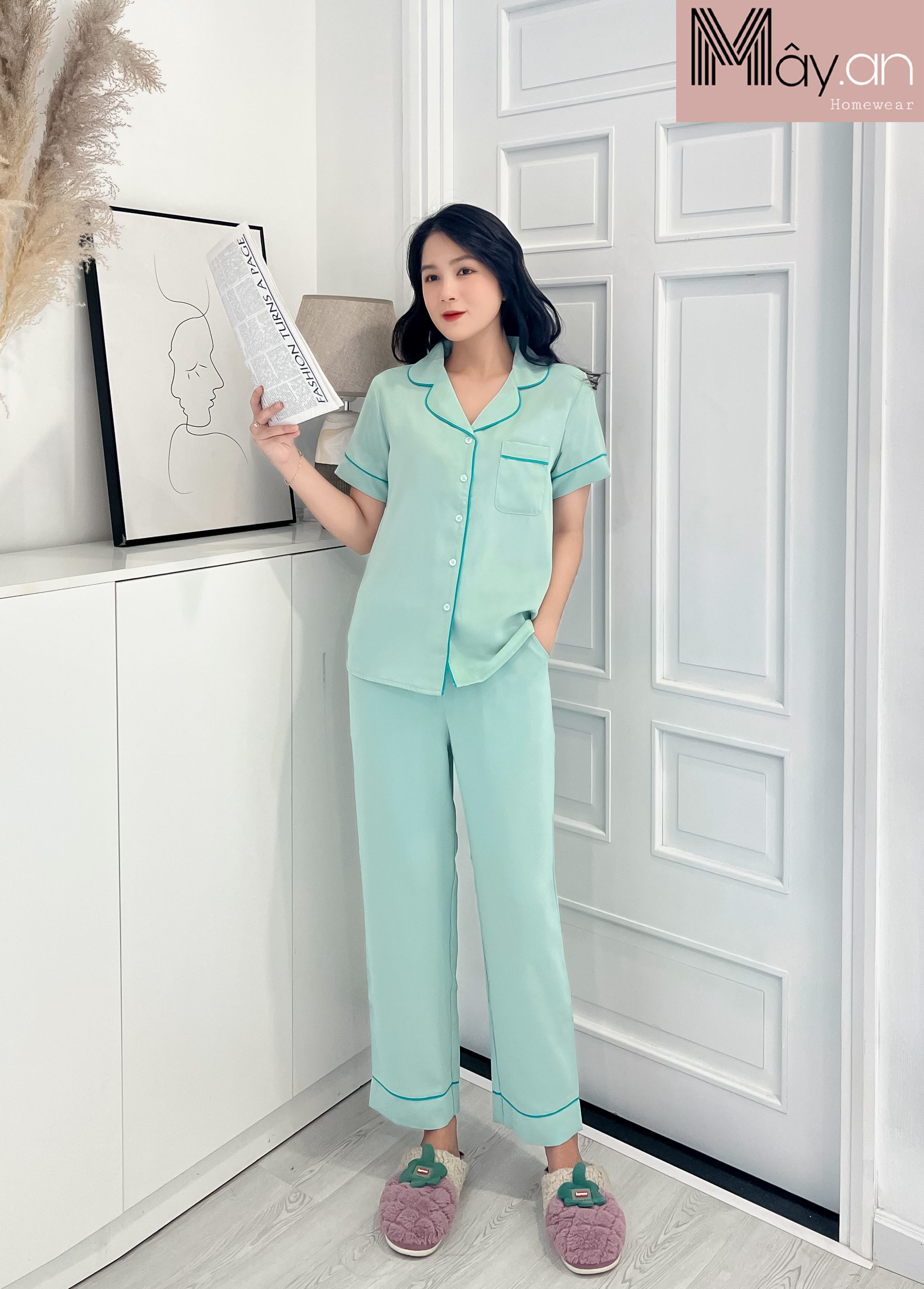 Đồ mặc nhà MÂY pijama lụa mịn Hàn quốc trơn quần dài
