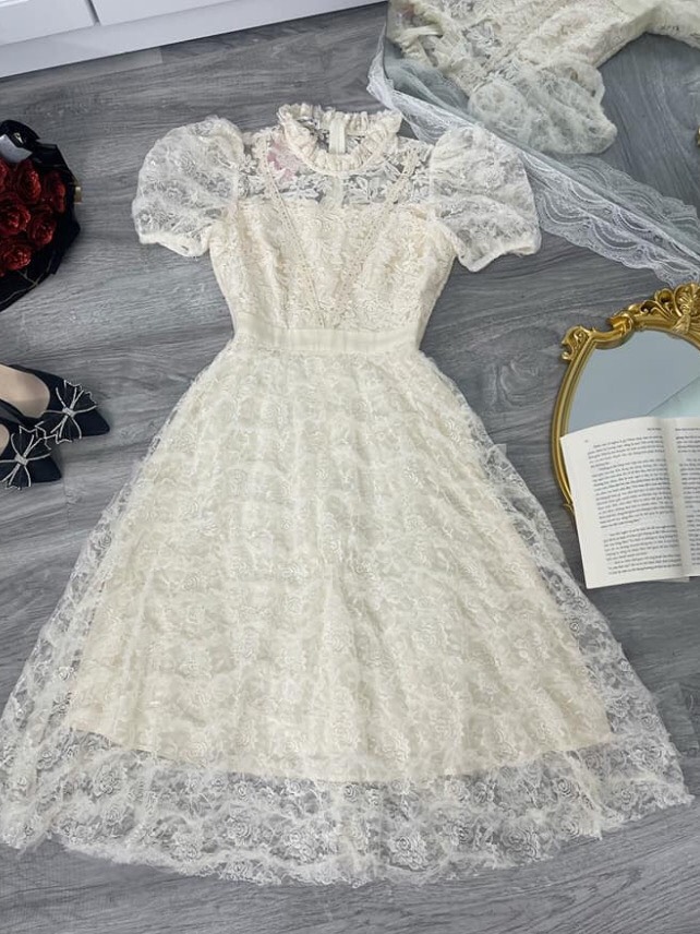 Váy ren công chúa xòe bồng màu kem - XU XU SHOP - Đầm nữ đi ăn cưới, dự tiệc siêu xinh, có lót trong không lộ - ẢNH THẬT