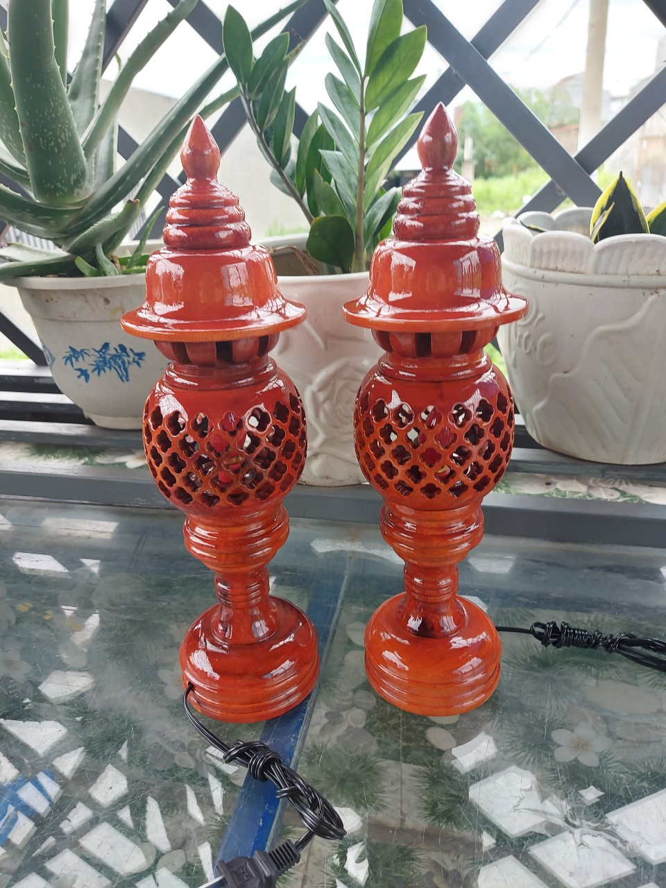 Cặp đèn thờ gỗ xà cừ-Đèn cúng bàn thờ cao 23cm