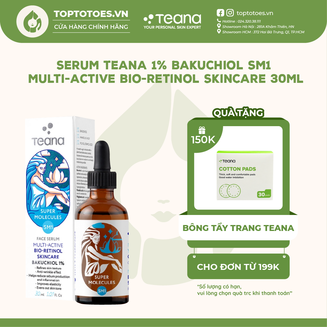 Serum Teana 1% Bakuchiol SM1 Super Molecules Multi-Active Bio-Retinol dưỡng ẩm làm sáng và trẻ hóa da - 30ml