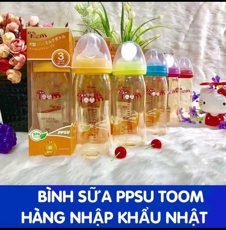 Bình Toom PPSU Nhật 80ml/160ml/240ml ( tặng kèm 1 núm ti thay thế) cho bé