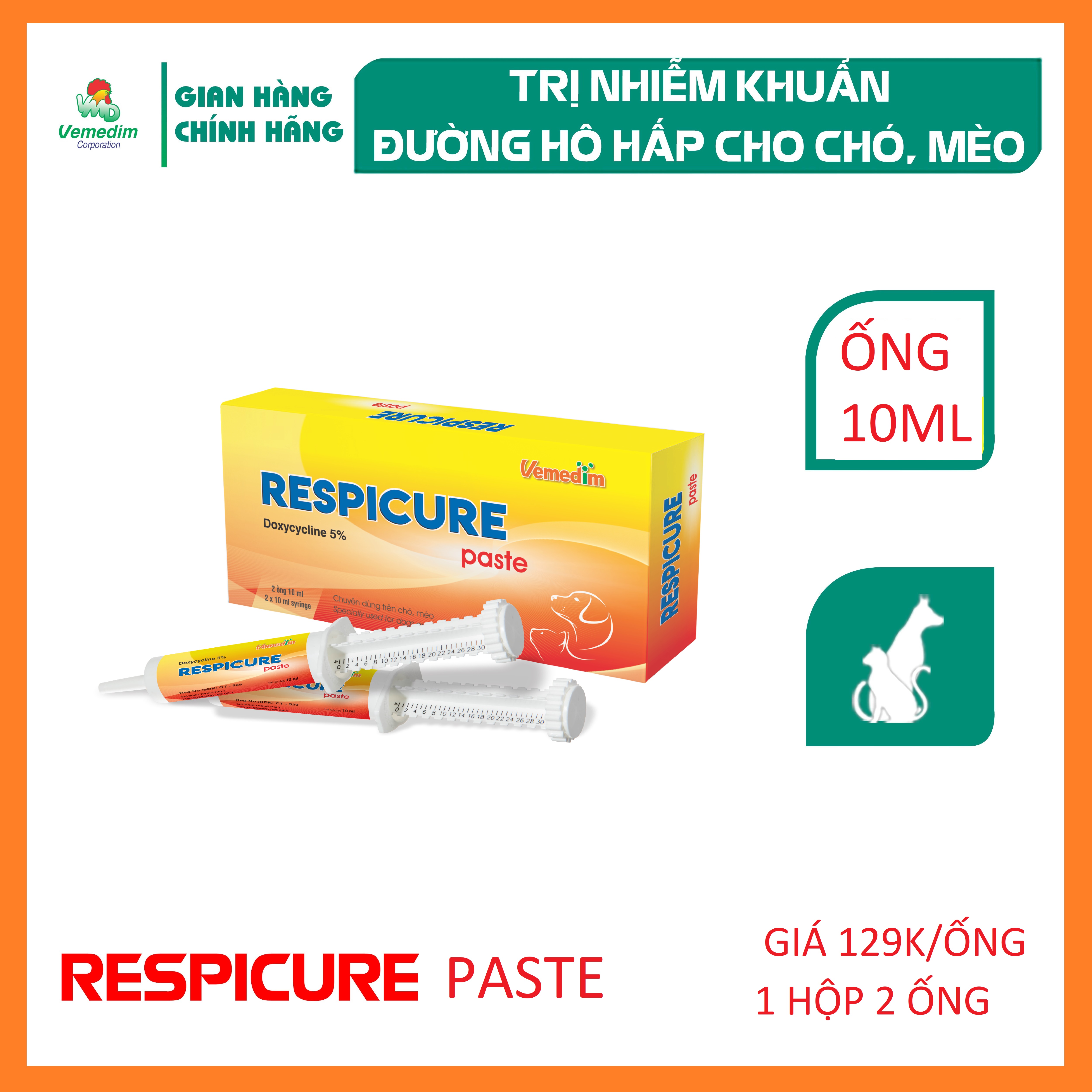 "Hoàn tiền đến 10%" Vemedim Respicure Paste dùng cho chó, mèo bị hô hấp, tiêu hóa, ống dạng gel 10ml