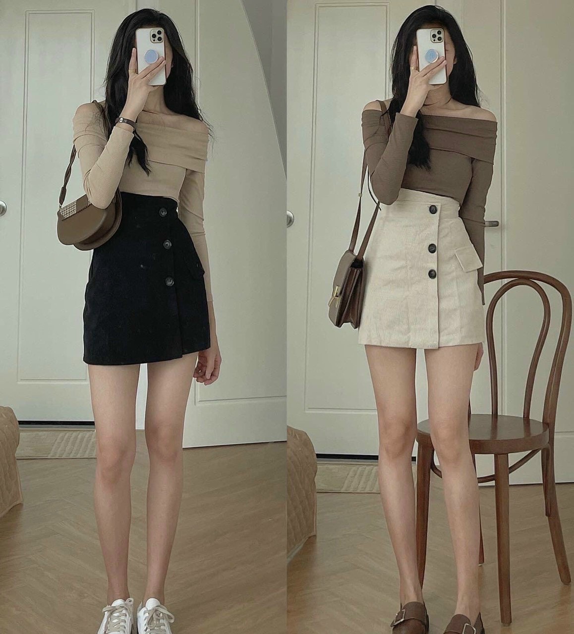 Chân Váy Nhung Nữ Lưng Cao phối cúc siêu tôn dáng .