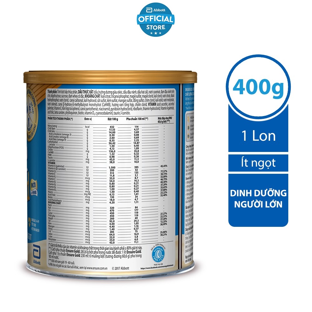 Sữa bột Ensure Gold Abbott ít ngọt (HMB) 400g