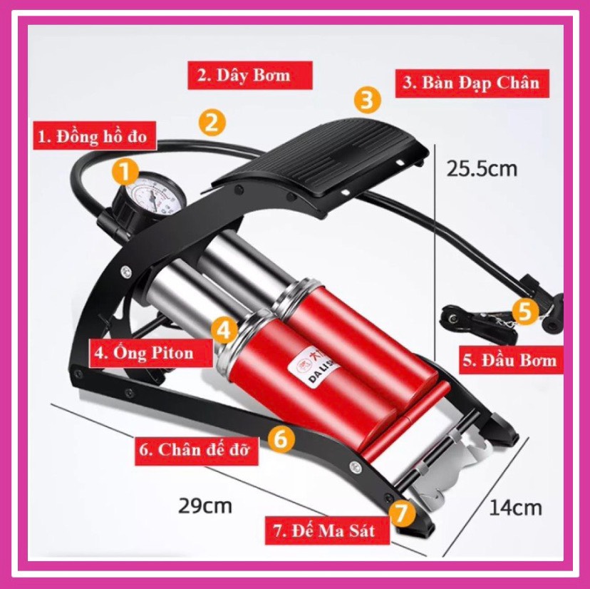 Bơm đạp chân 2 ống da li shen - bơm hơi đạp chân xe máy ô tô - ống bơm đạp chân trợ lực - bơm hơi đạp chân mini - bơm xe đạp - bơm xe máy, bơm hơi ô tô - xe máy gọn nhẹ.