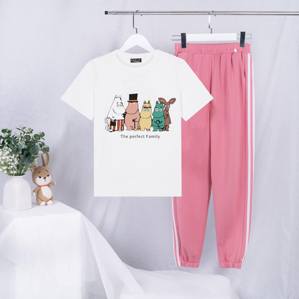 Sét Bộ Đồ Mùa Hè Ulzzang Nữ Xinh Cute Mặc Đi Chơi Dạo Phố, Chất Liệu Áo Cotton Organic Màu Trắng Ngắn Tay Cổ Tròn In 3D 5 Thú Family Cute Kèm Quần Thun Bo Chun Gấu Hai Rót Phong Cách