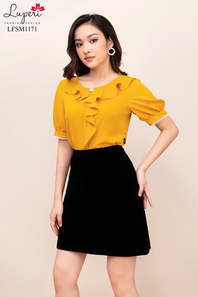 Áo sơ mi nữ LUPERI LFSM1171 cổ tròn phối bèo điệu đà tay ngắn phồng, áo sơ mi tay ngắn, áo sơ mi kiểu nữ, áo sơ mi nữ đẹp, áo sơ mi tay ngắn nữ, áo sơ mi nữ đẹp LFSM1171