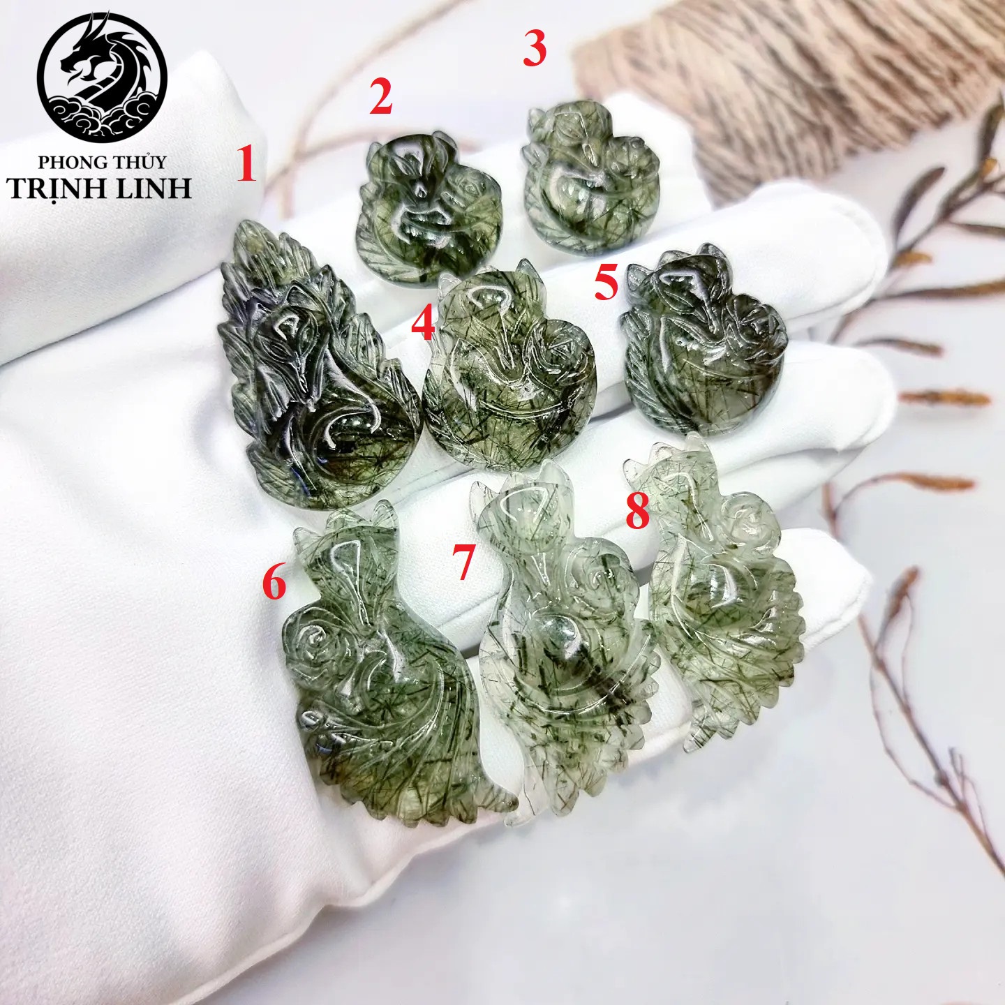 Vòng cổ cửu vỹ hồ ly thạch anh tóc xanh lá