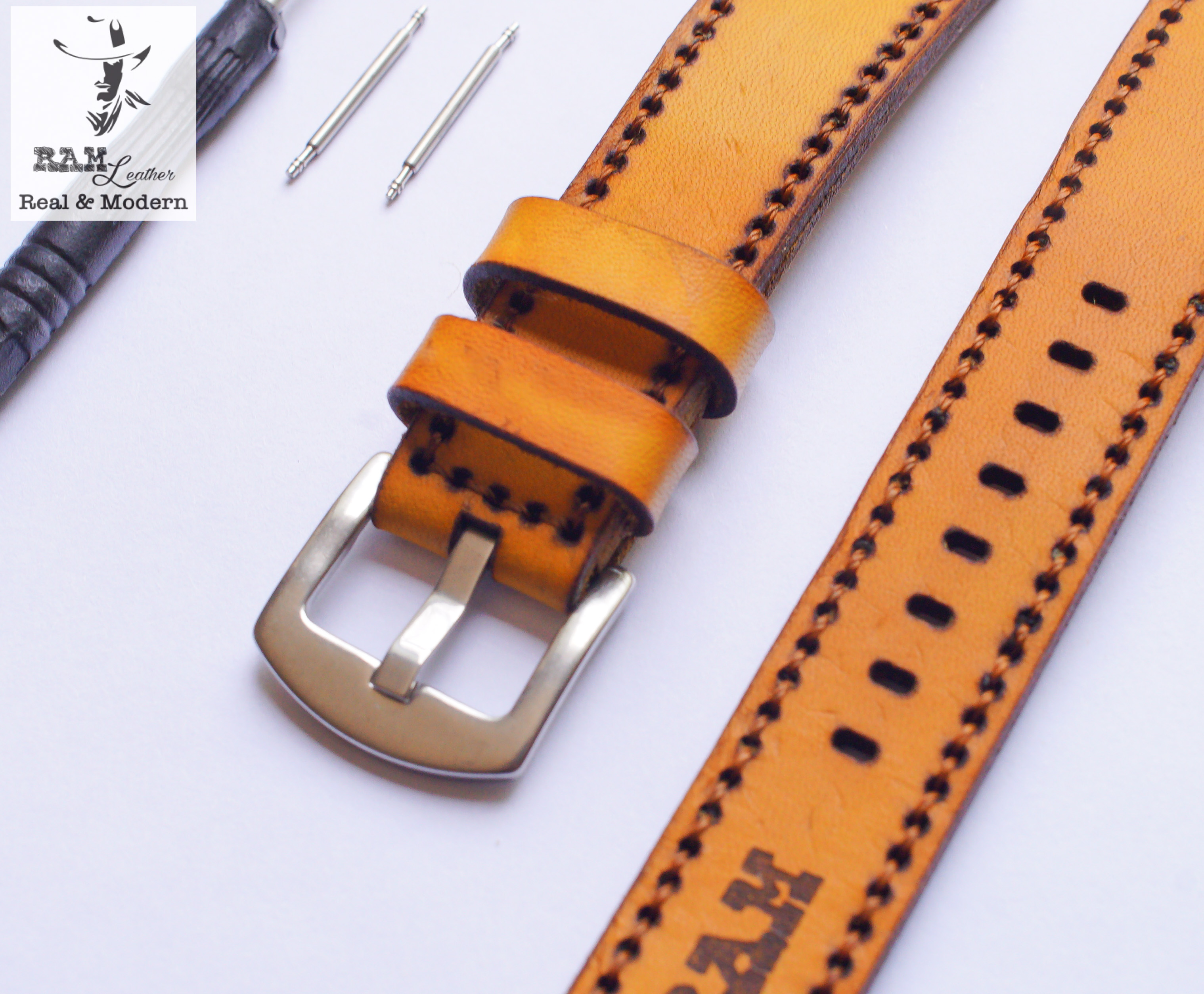 Dây da đồng hồ Siêu bền Da Bò Vegtan Ý RAM Leather Pilot Vàng Hàng Chính Hãng RAM Leather