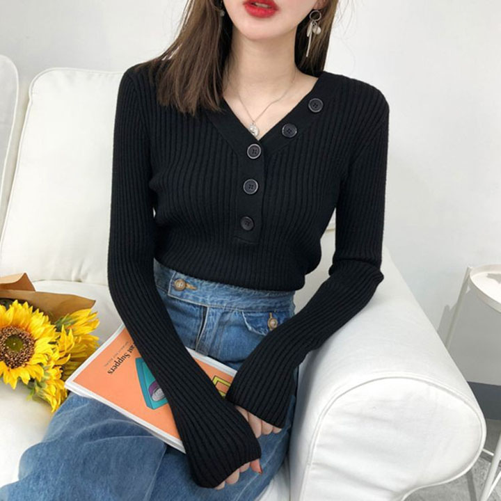 Áo Len Nữ Cổ V phối cúc