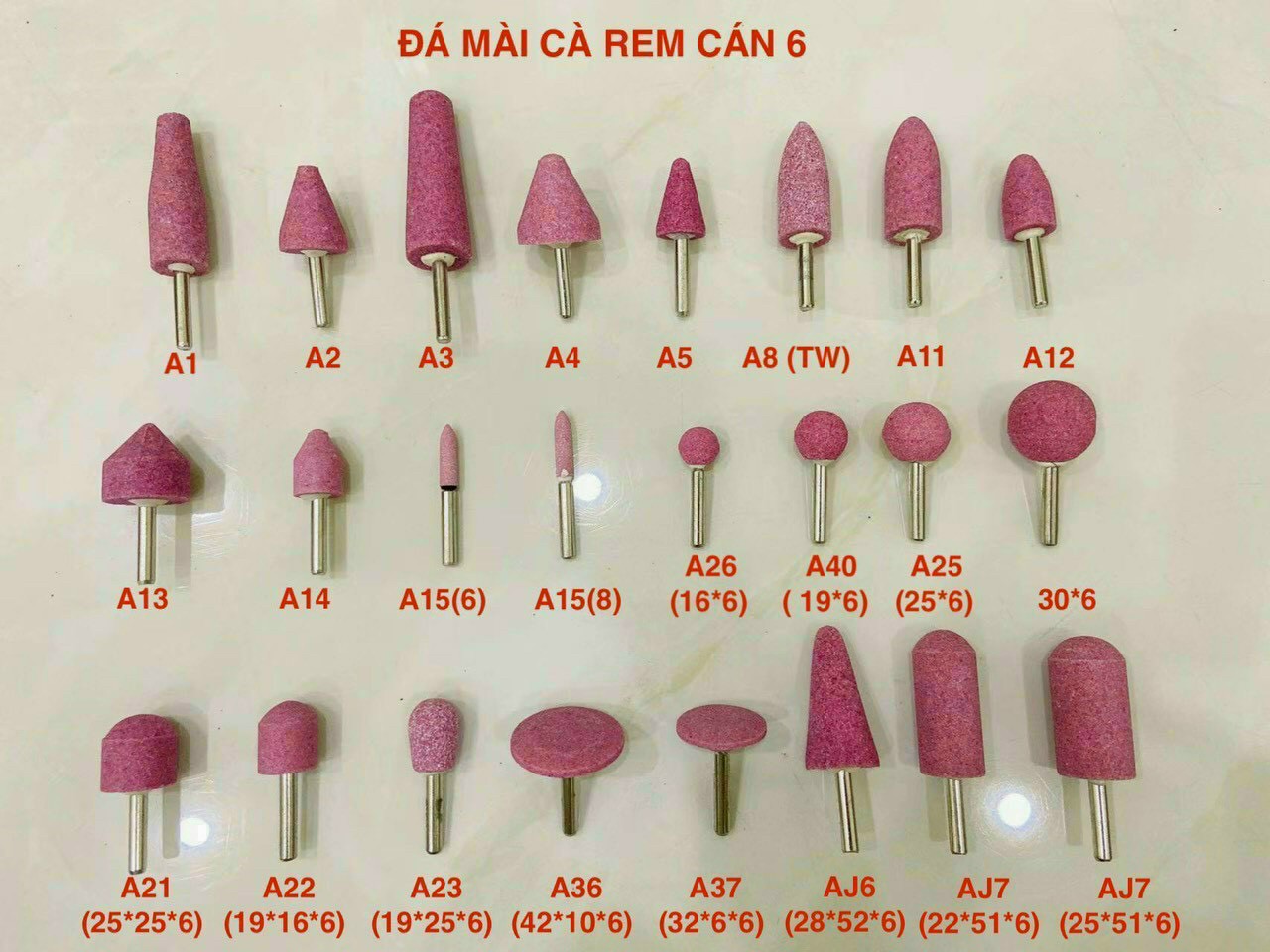 Đá mài cà rem (đá mài trụ) cán 6mm màu hồng đủ chủng loại
