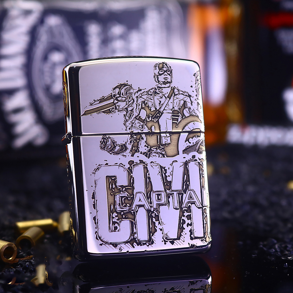 Bật lửa Zippo khắc Captain America chất liệu đồng mạ Chrome