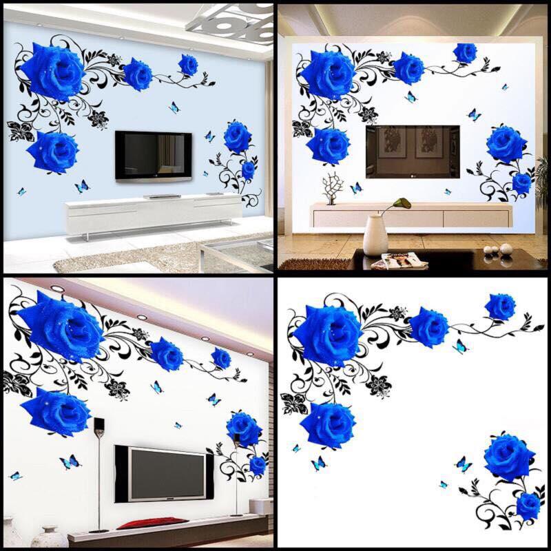 decal dán tường hoa hồng xanh 3D