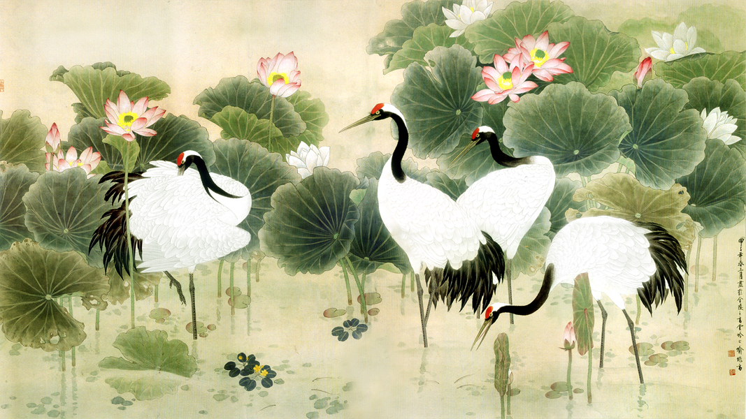 Tranh dán tường 3D phong thủy Đàn hạc và hoa sen VTC LunaTM-0066