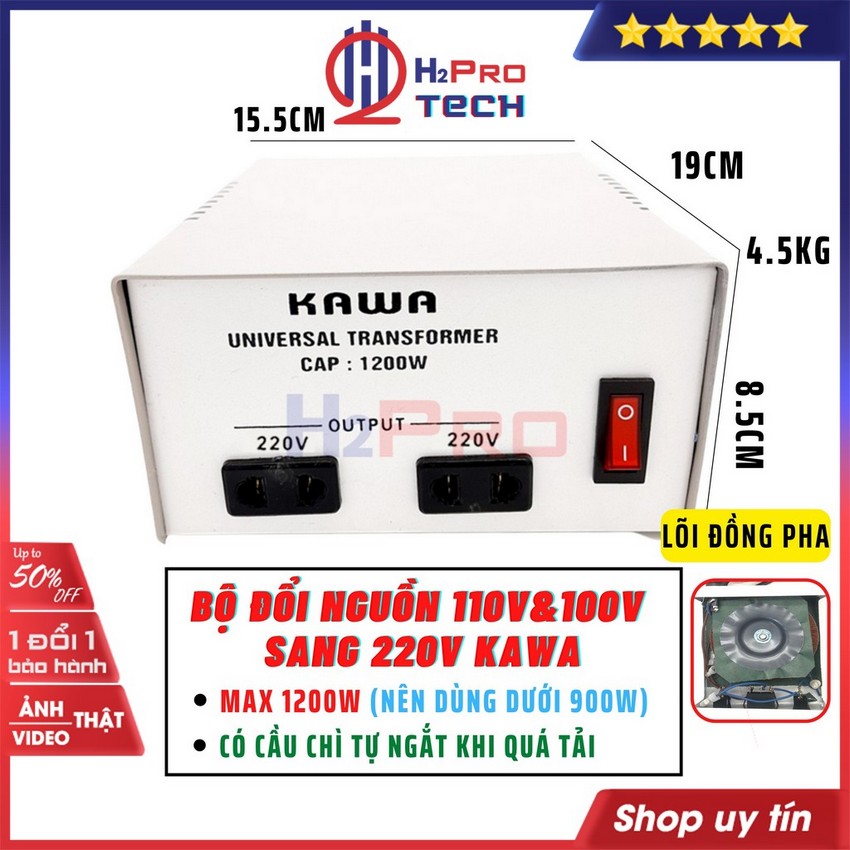 Đổi Nguồn 220V Sang 110V-100V 1200W Kawa Hoặc Đổi Ngược Nguồn 110V Sang 220V Cao Cấp-Dùng Cho Máy Dưới 900W-H2Pro Tech