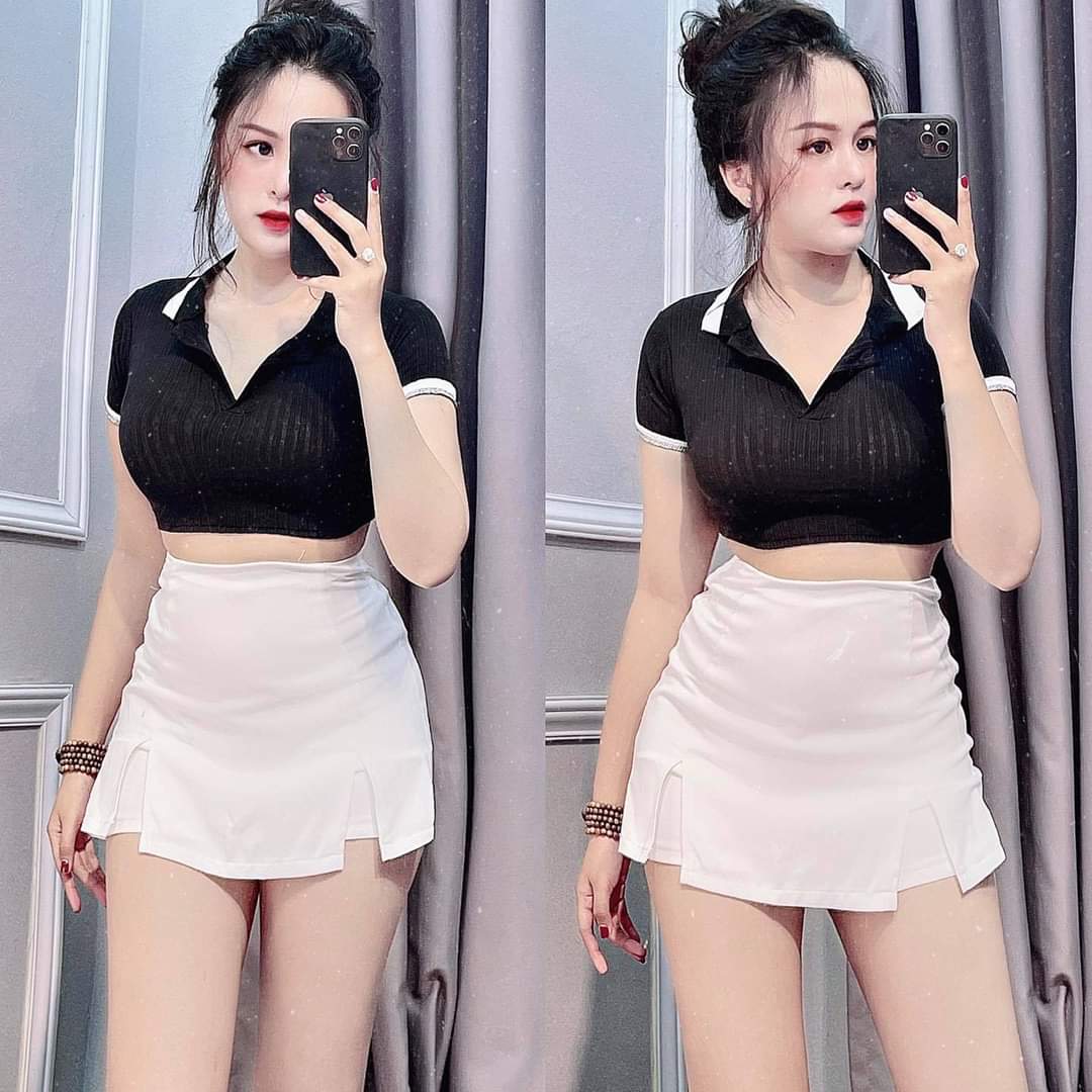 Sale cả shop - Set áo thun nữ croptop cổ polo viền kèm chân váy xẻ 2 bên đùi - đắp chéo
