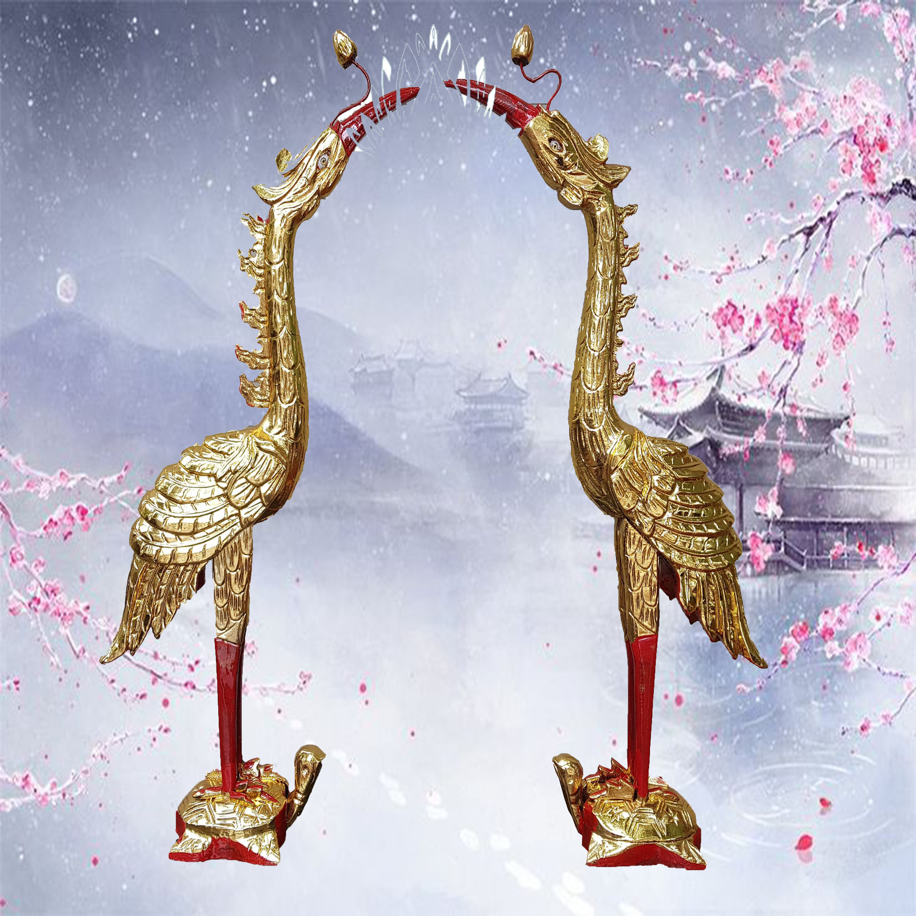 Cặp hạc tiên-đôi hạc thờ cúng-hạc thờ mào-hạc cúng gỗ mít cao 61,81cm sơn son thếp vàng